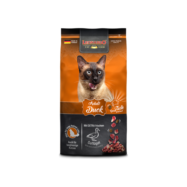 Leonardo Adult Duck alimento seco para gatos empaque frontal
