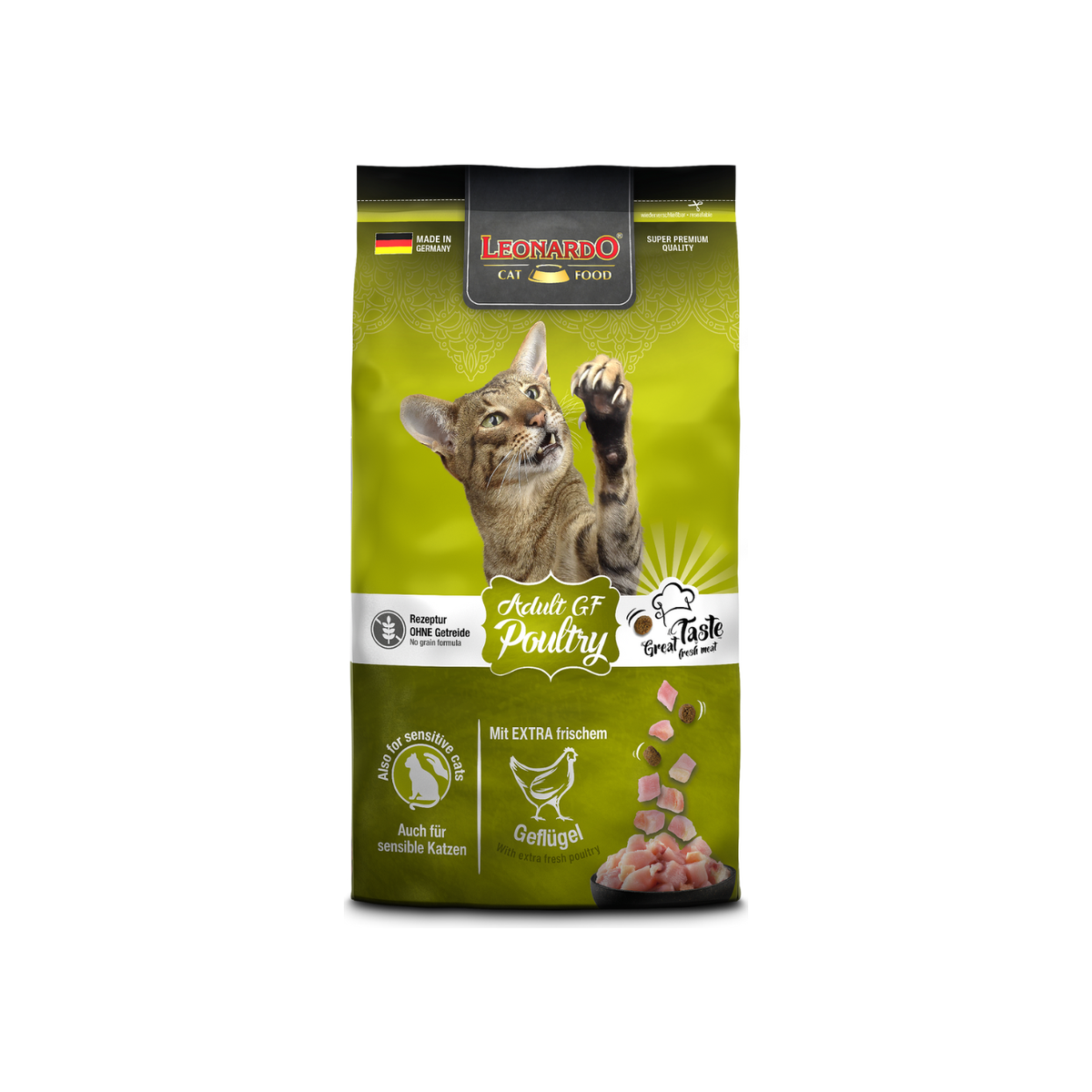 Leonardo Adult Poultry Grain Free alimento seco gatos empaque frontal