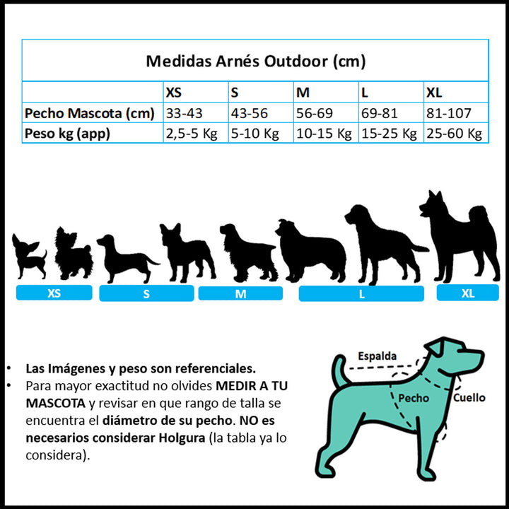 Pet Lounge Arnés Perro Outdoor Azul Petróleo - tabla de tallas