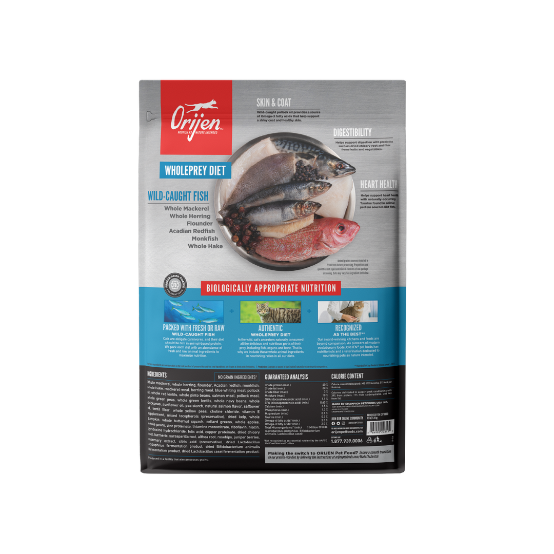 Orijen Six Fish libre de granos alimento para gatos vista trasera