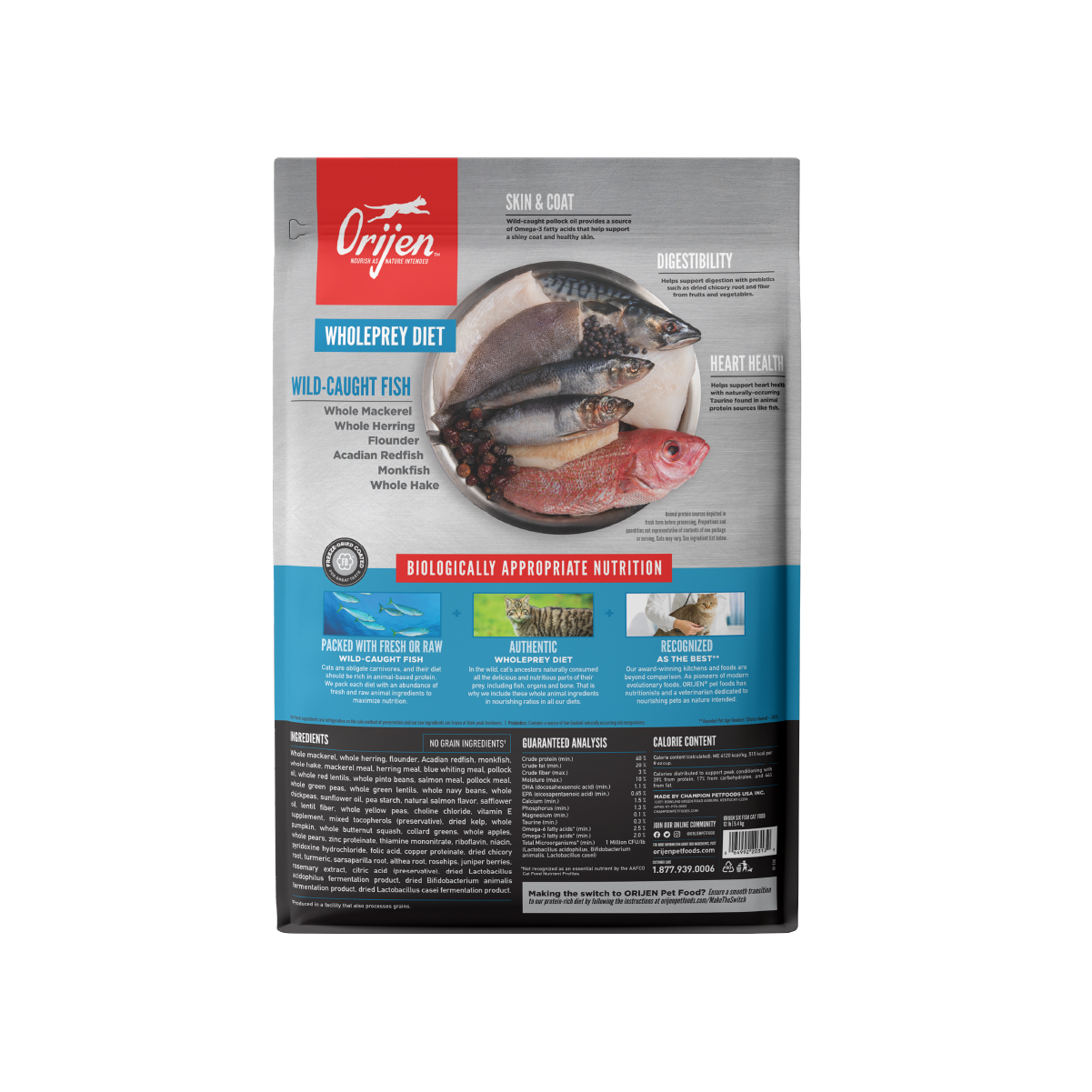 Orijen Six Fish libre de granos alimento para gatos vista trasera