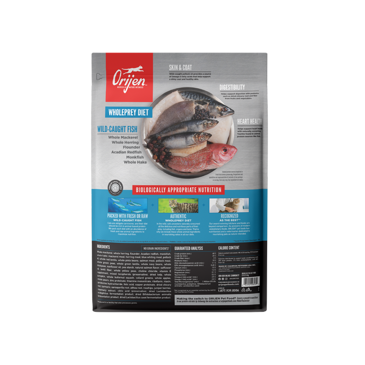 Orijen Six Fish libre de granos alimento para gatos vista trasera