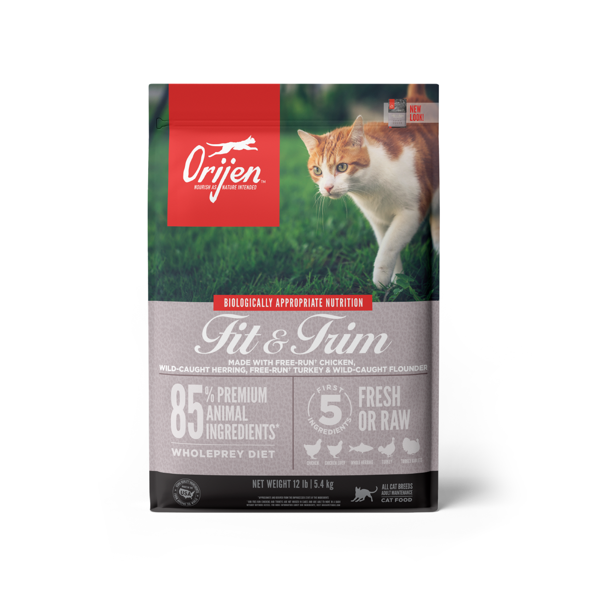 Orijen Fit & Trim libre de granos alimento para gatos vista frontal
