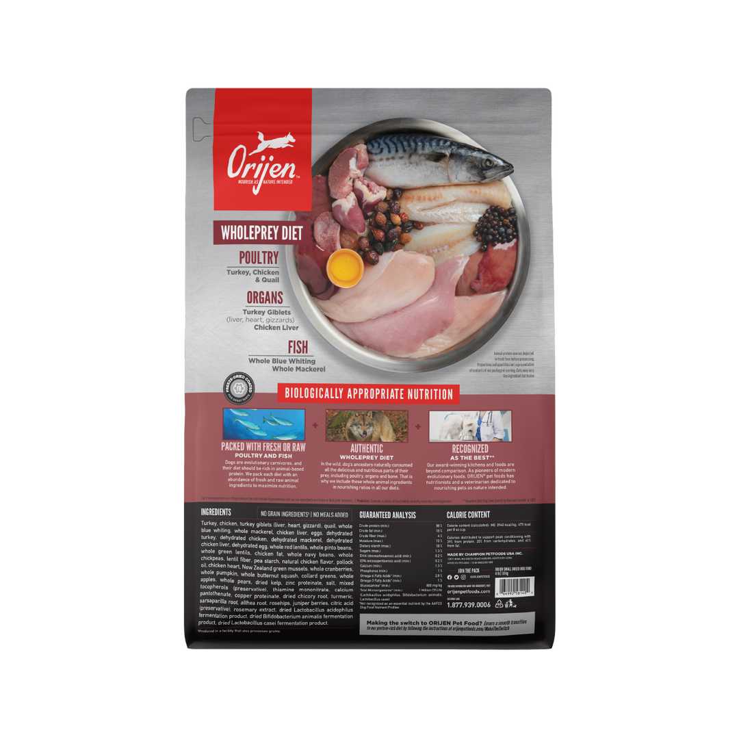 Orijen Small Breeds libre de granos 4.5 kg alimento para perros razas pequeñas vista trasera