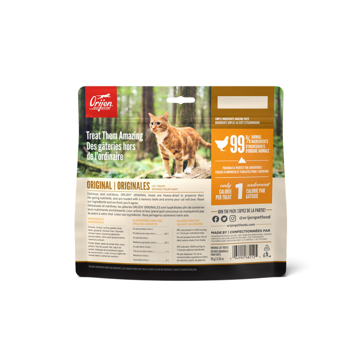 Orijen Original Cat Treats 35 grs snack para gatos vista trasera