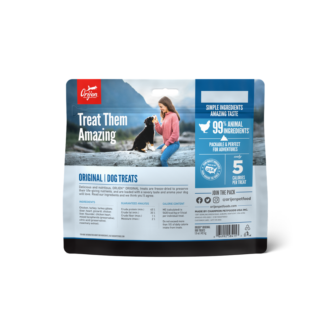 Orijen Original Dog Treats 42.5 grs snack para perros vista trasera