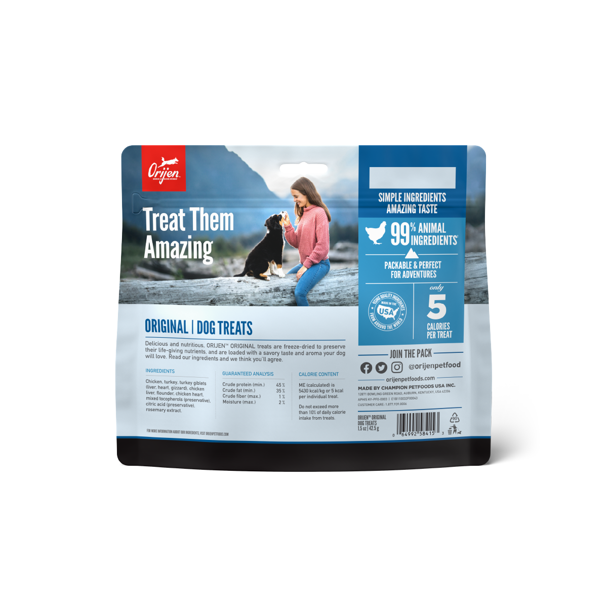 Orijen Original Dog Treats 42.5 grs snack para perros vista trasera