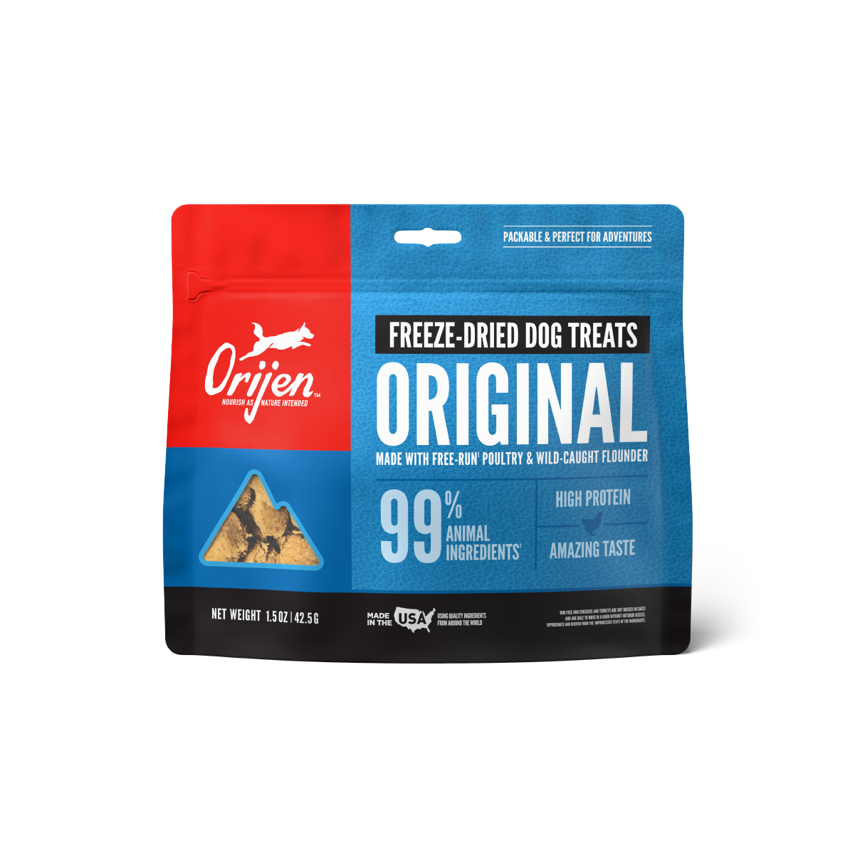 Orijen Original Dog Treats 42.5 grs snack para perros vista frontal