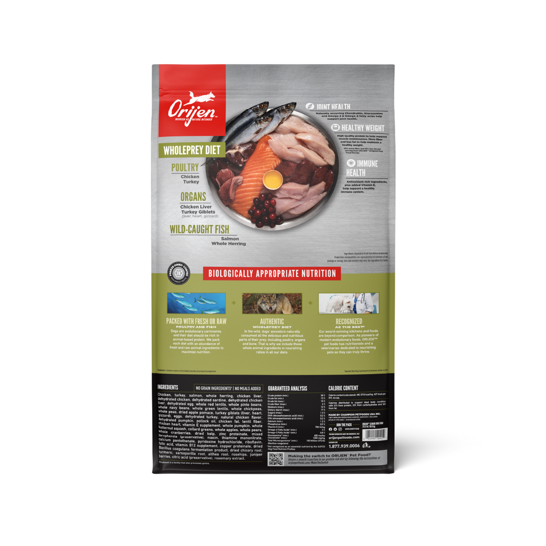 Orijen Senior libre de granos 10.6 kg alimento para perros vista trasera