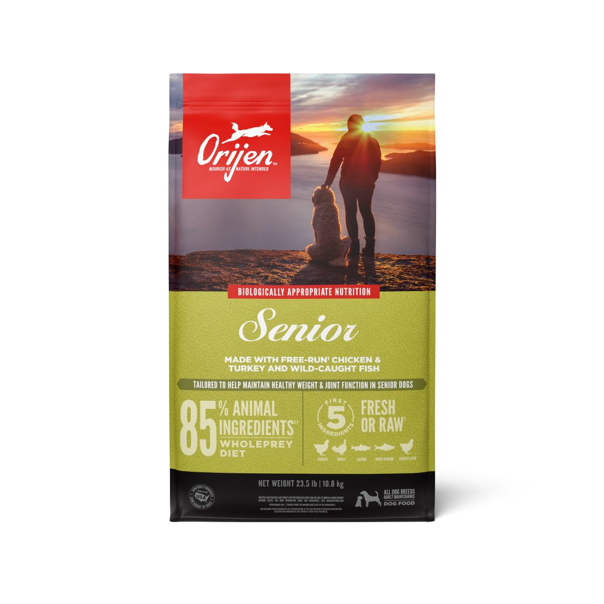 Orijen Senior libre de granos 10.6 kg alimento para perros vista frontal