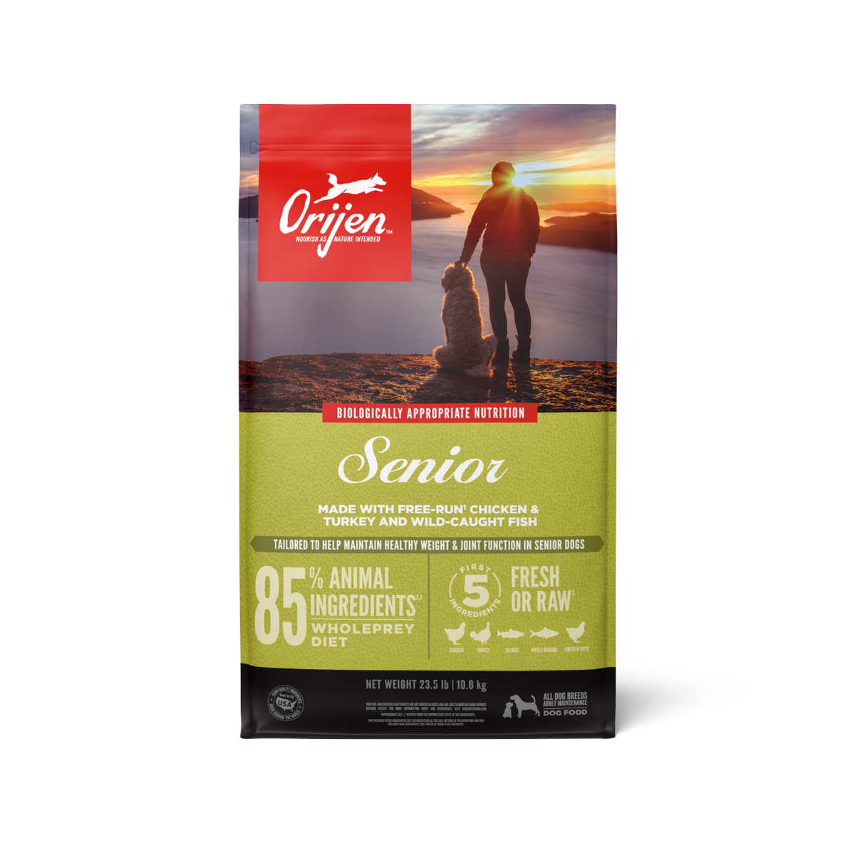 Orijen Senior libre de granos 10.6 kg alimento para perros vista frontal