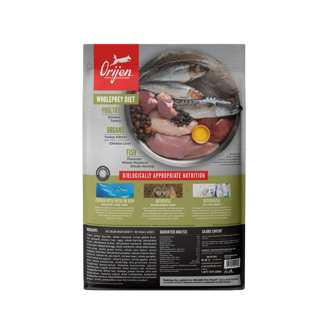 Orijen Senior libre de granos 5.9 kg alimento para perros vista trasera