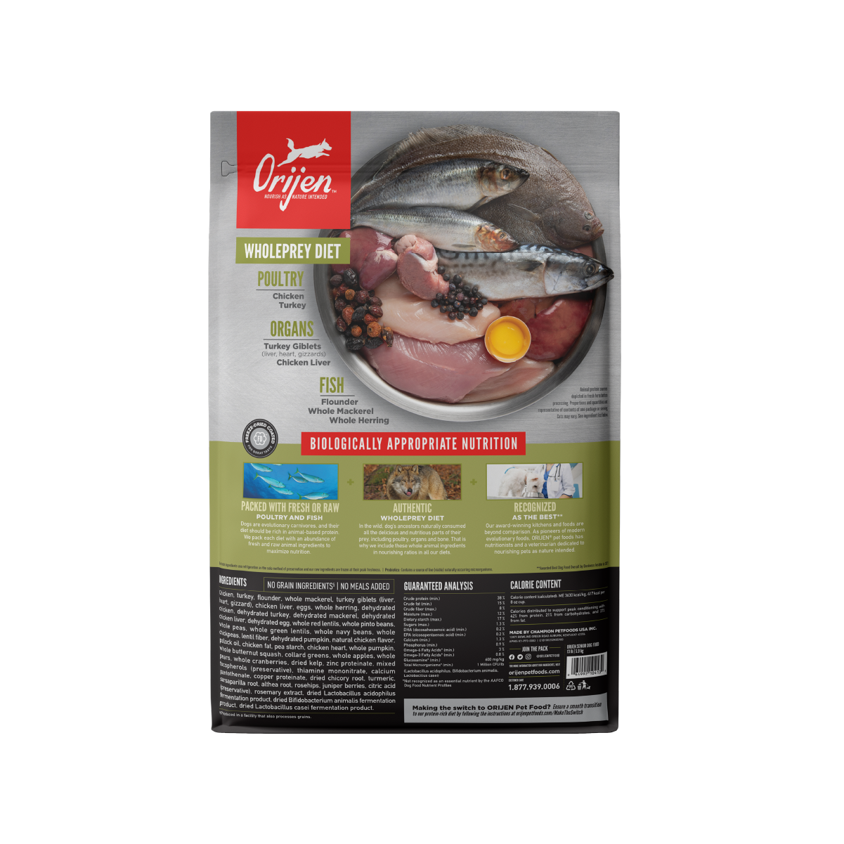 Orijen Senior libre de granos 5.9 kg alimento para perros vista trasera