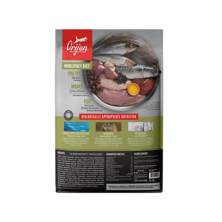 Orijen Senior libre de granos 5.9 kg alimento para perros vista trasera