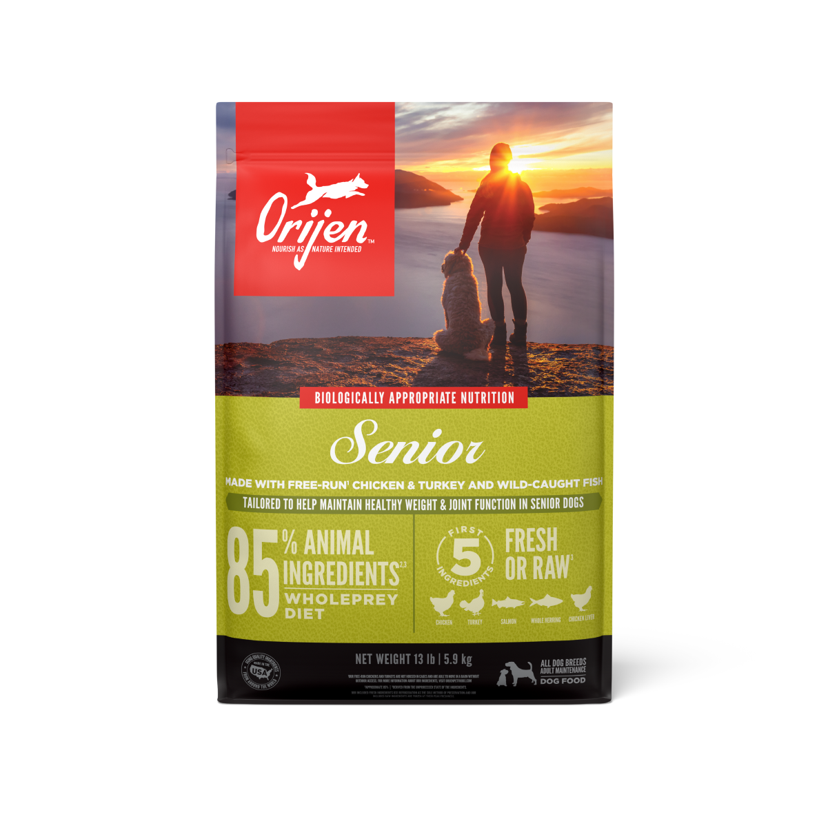 Orijen Senior libre de granos 5.9 kg alimento para perros vista frontal