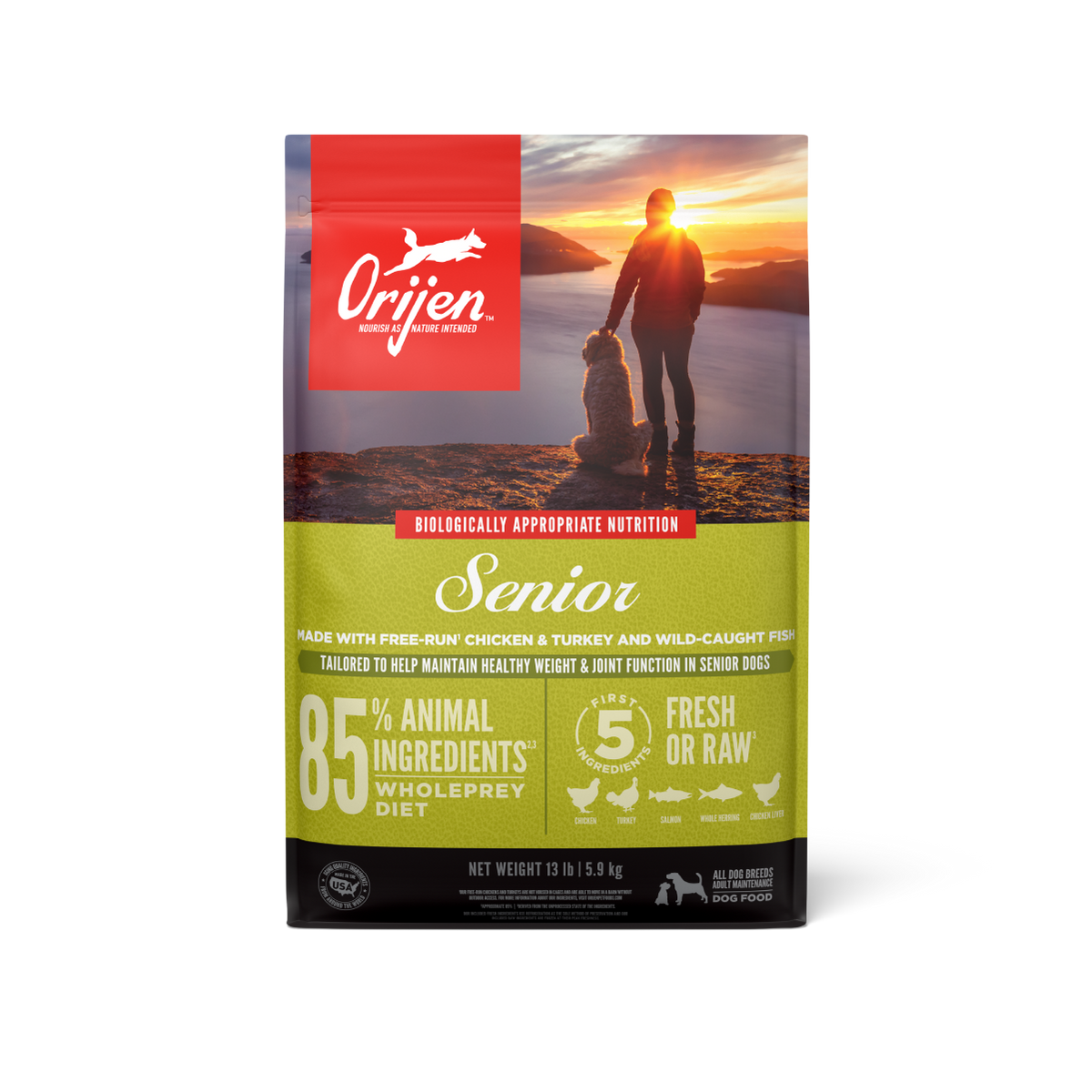 Orijen Senior libre de granos 5.9 kg alimento para perros vista frontal