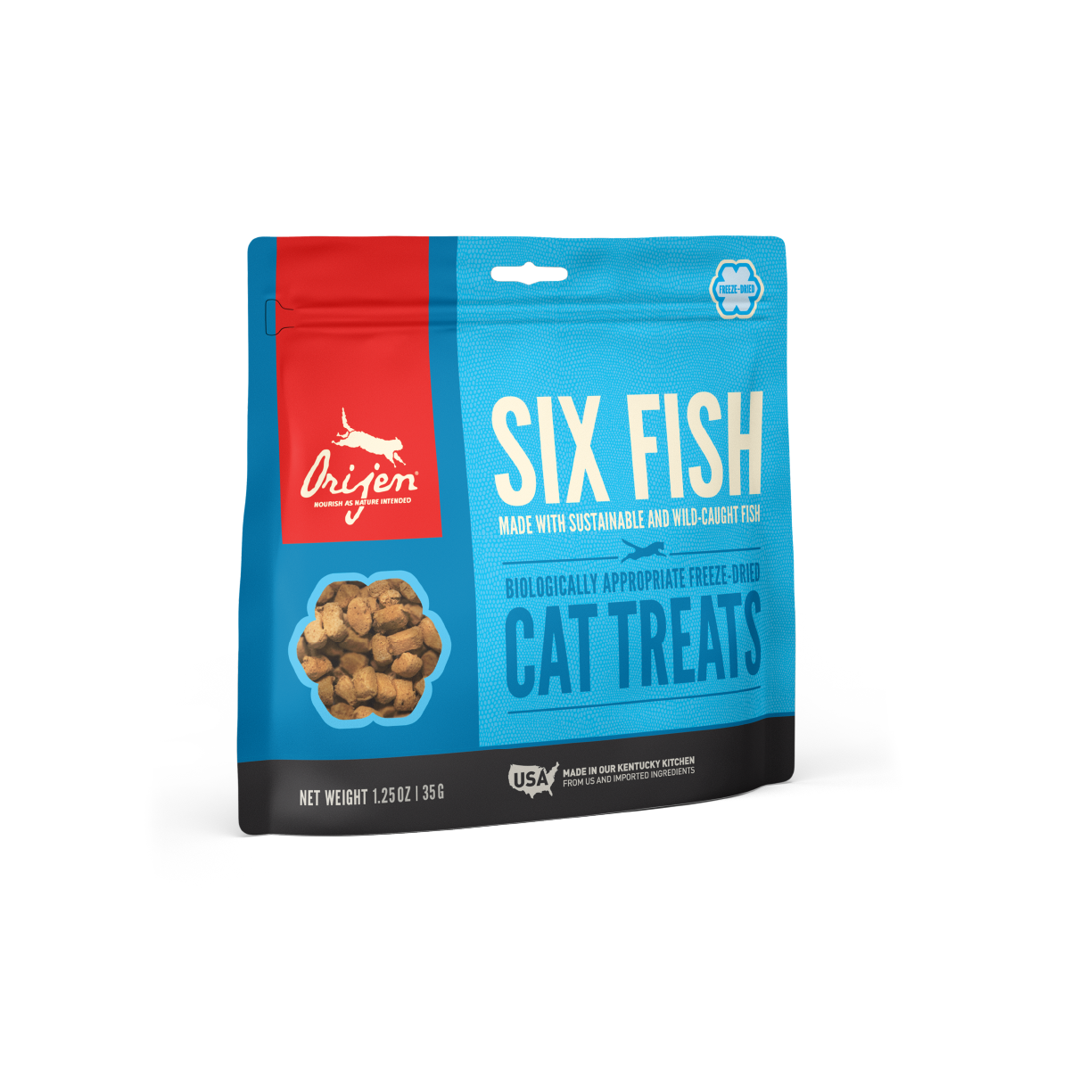 Orijen Six Fish Treats 35 grs snack para gatos vista frontal