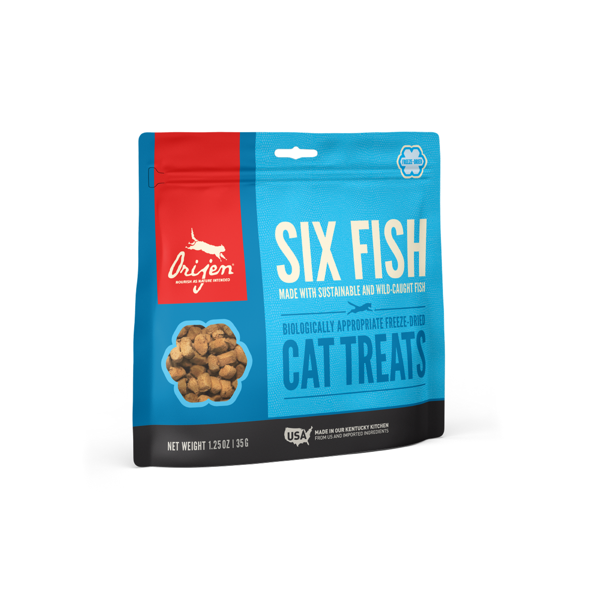 Orijen Six Fish Treats 35 grs snack para gatos vista frontal