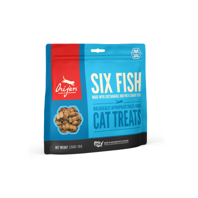 Orijen Six Fish Treats 35 grs snack para gatos vista frontal