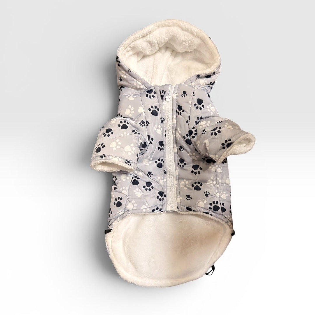 Parka impermeable chiporro y gorro gris para perros y gatos vista trasera
