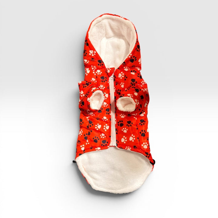 Parka impermeable chiporro y gorro roja perros y gatos vista frontal