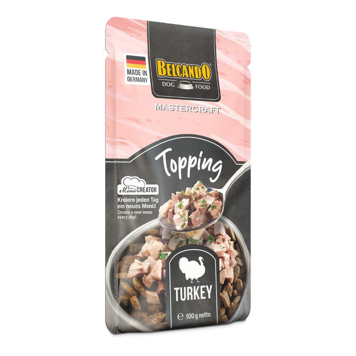 Belcando Mastercraft Topping Pavo pouch 100g reverso información nutricional