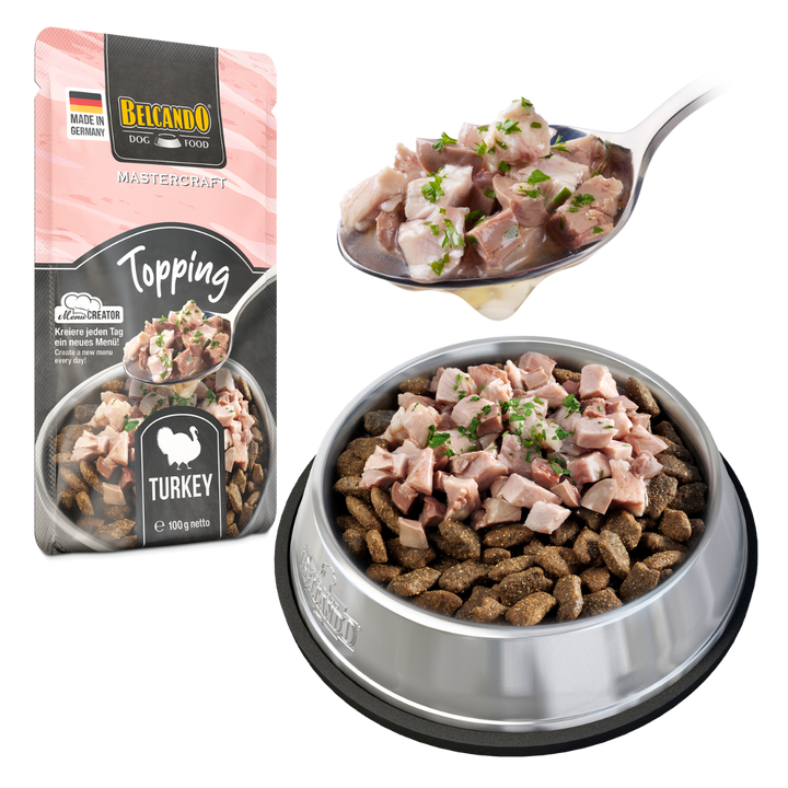 Belcando Mastercraft Topping Pavo pouch 100g detalle textura