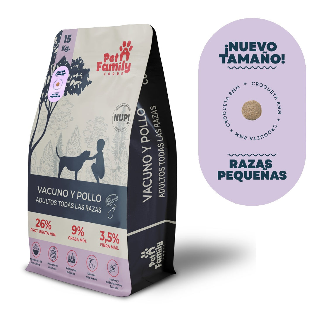 Pet Family perro adulto razas pequeñas 15 Kg alimento seco, empaque con el sello de nuevo tamaño de croqueta de 8 mm
