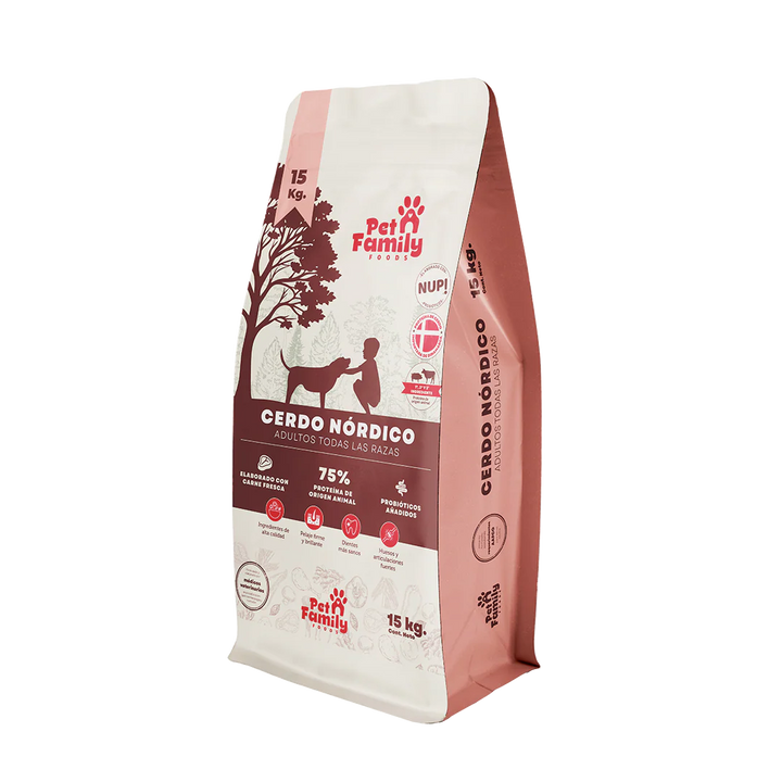 Pet Family perro adulto cerdo nórdico 15 kg alimento seco saco vista frontal