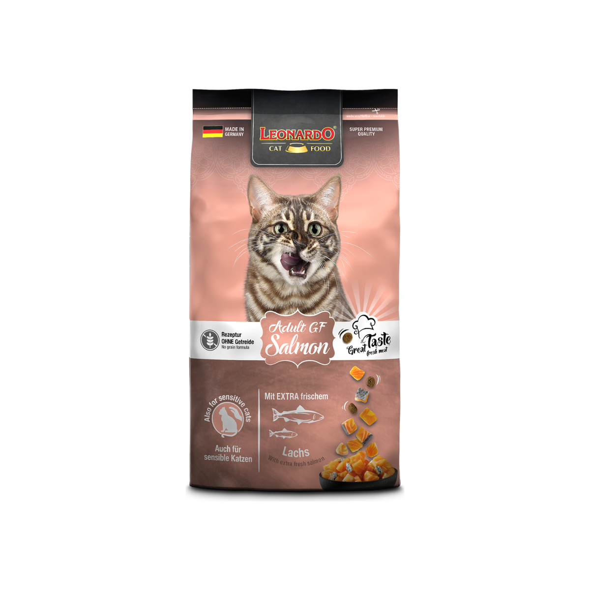Leonardo Adult Grain Free Salmón alimento seco gatos 1.8 Kg empaque frontal