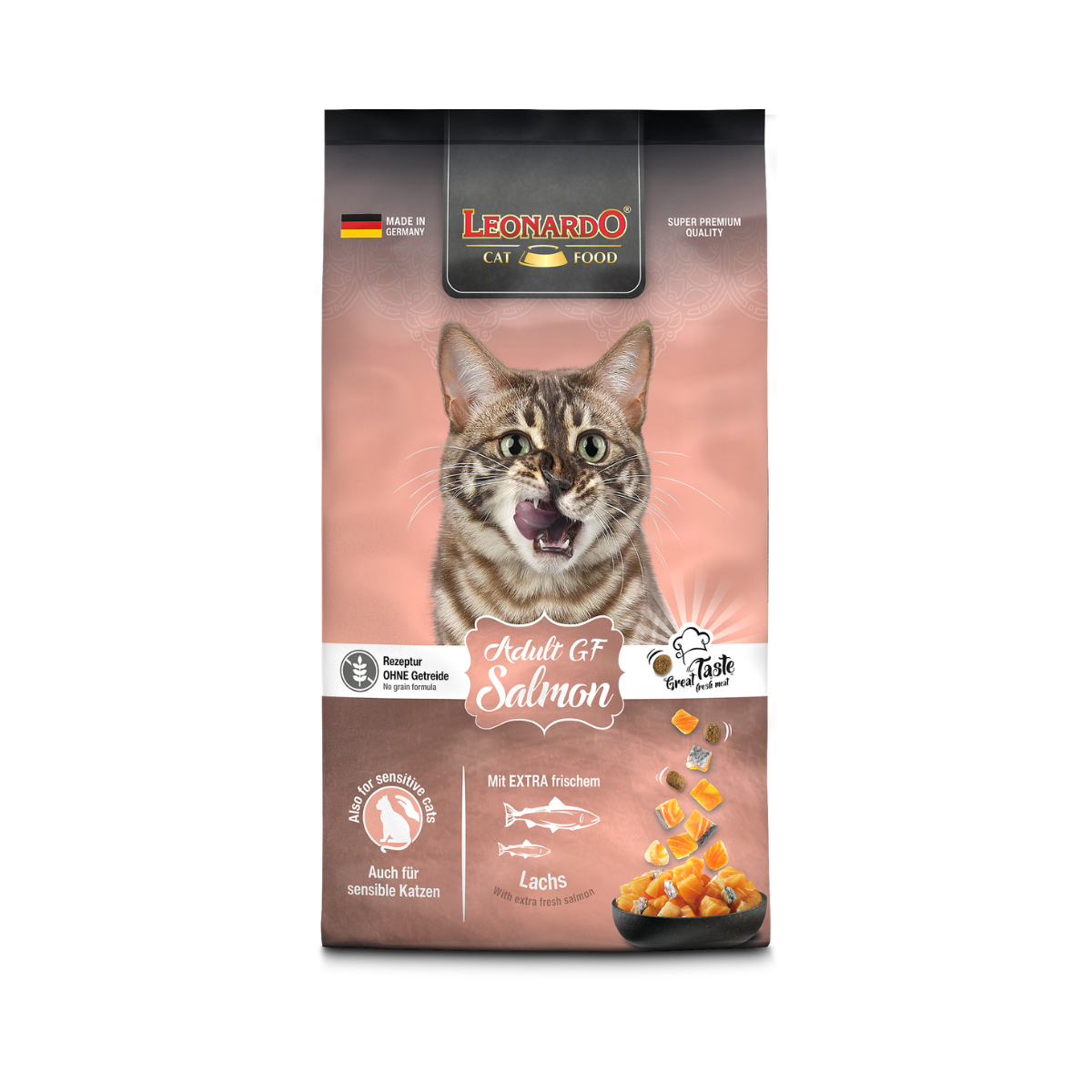 Leonardo Adult Grain Free Salmón alimento seco gatos 7.5 Kg empaque frontal