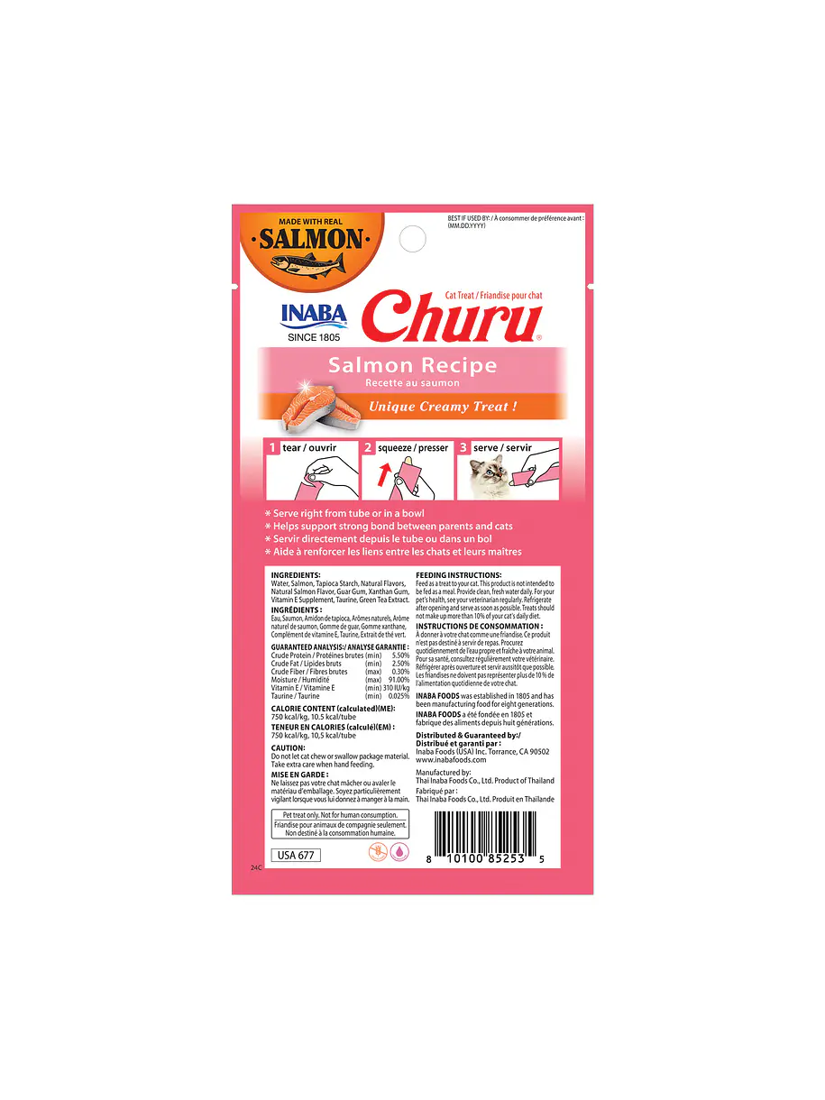 Churu snack líquido receta de salmón para gatos vista trasera información nutricional