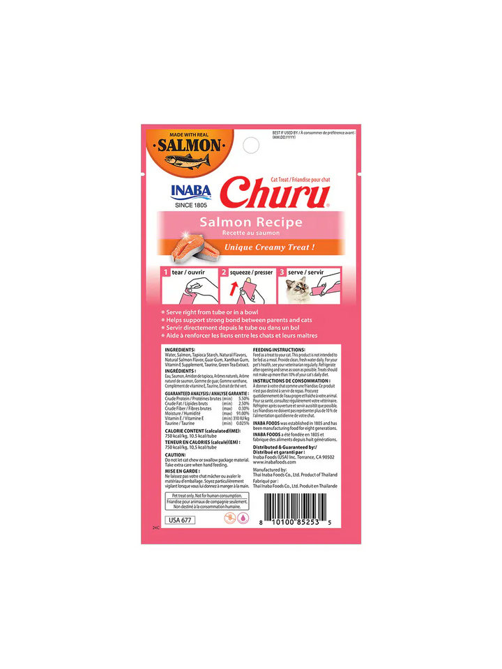 Churu snack líquido receta de salmón para gatos vista trasera información nutricional
