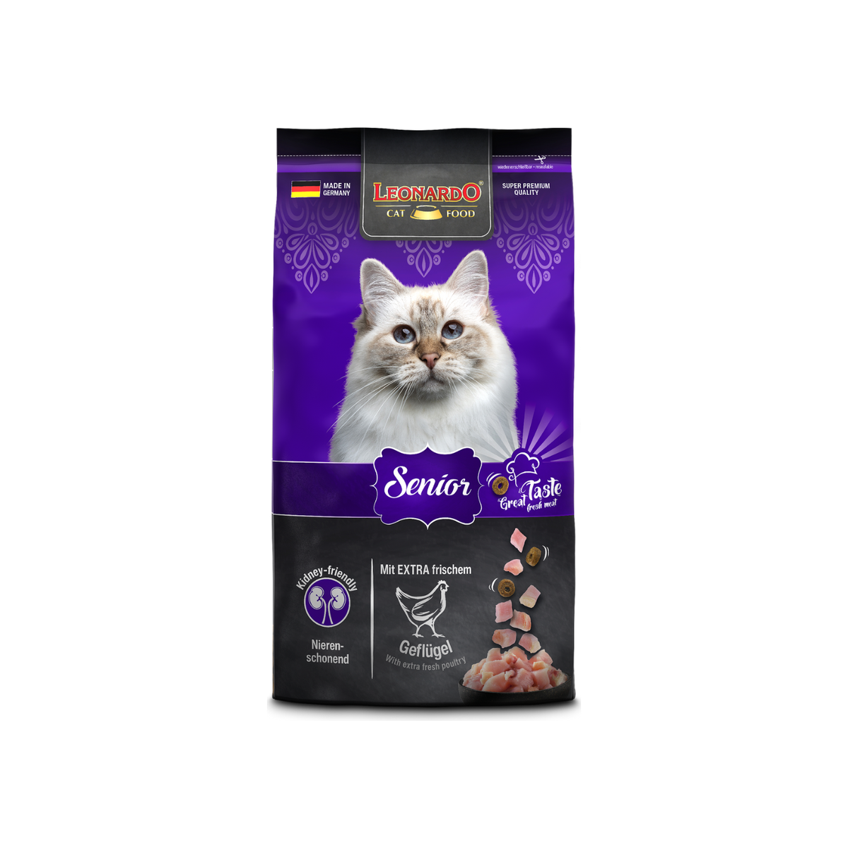 Leonardo Adult Senior alimento seco para gatos 1.8 Kg empaque frontal