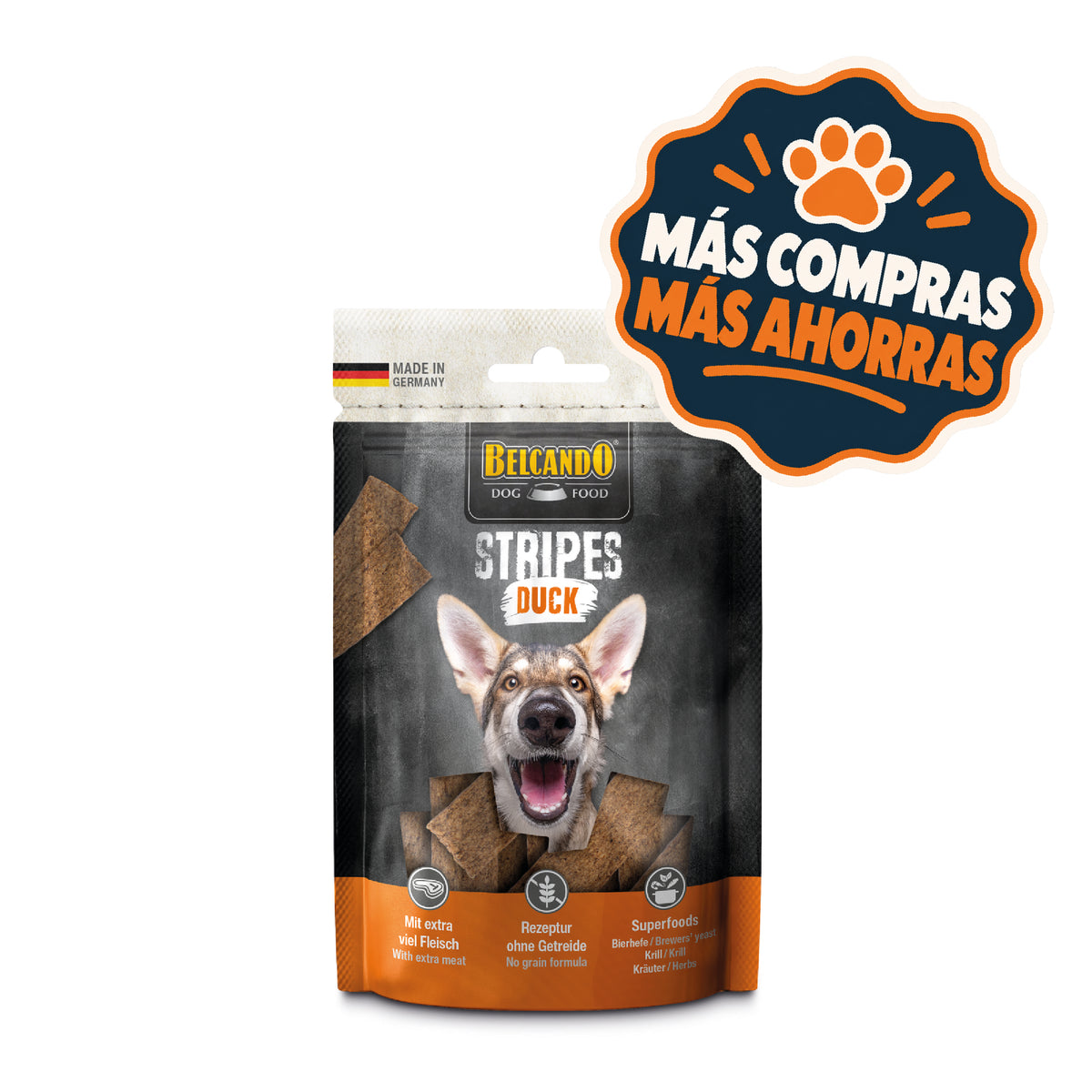 Belcando snack para perros Stripes Pato 70 g, tiras de pato, envase con el sello de promoción Más Compras Más Ahorras