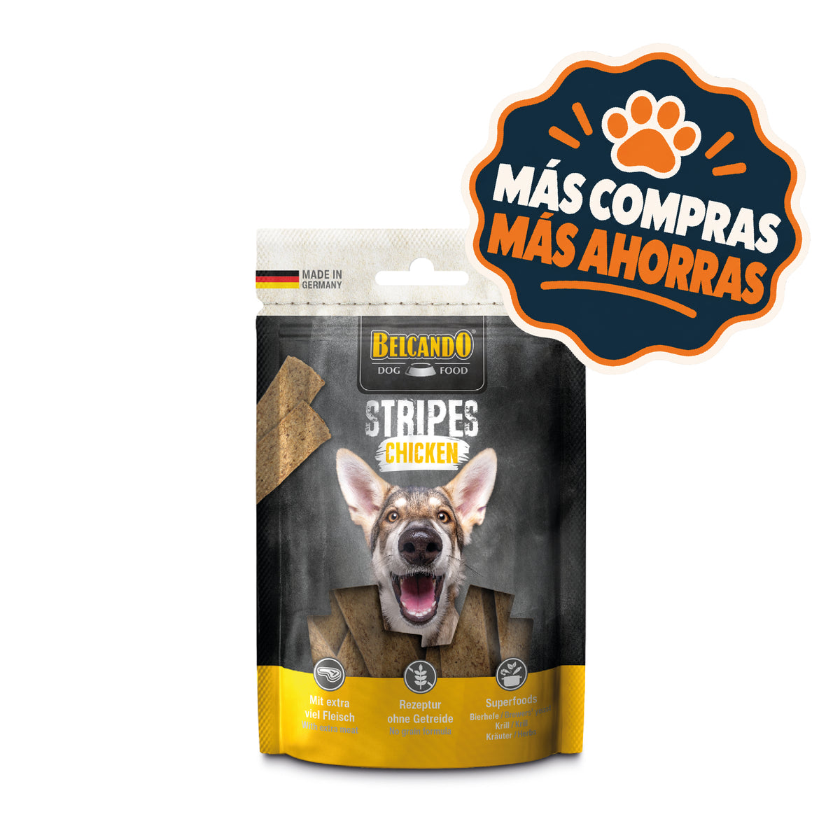 Belcando snack para perros Stripes Pollo 70 g, tiras de pollo, envase con el sello de promoción Más Compras Más Ahorras