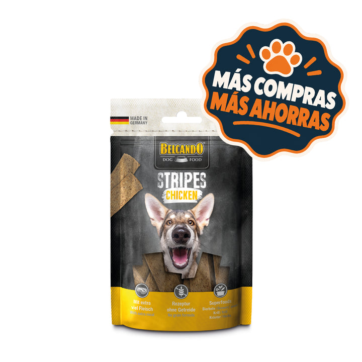 Belcando snack para perros Stripes Pollo 70 g, tiras de pollo, envase con el sello de promoción Más Compras Más Ahorras