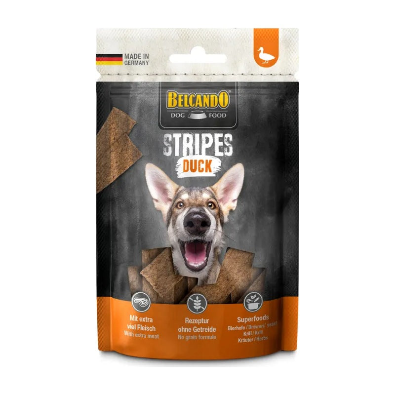 Belcando snack stripes pato 70 grs para perro empaque vista frontal