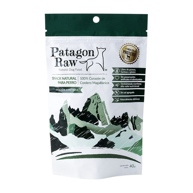 Patagon Raw snack corazón cordero perros 40 grs empaque vista frontal