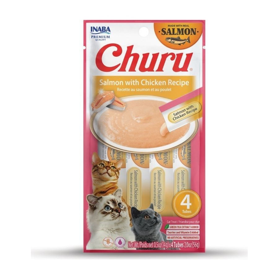 Churu snack líquido salmón con pollo para gatos 4 tubos 14 grs vista frontal