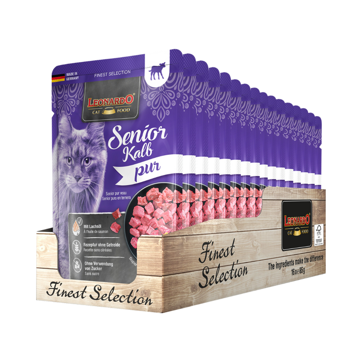 Leonardo gato senior Finest Selection puro en ternera pouch 85 grs pack 16 unidades bandeja