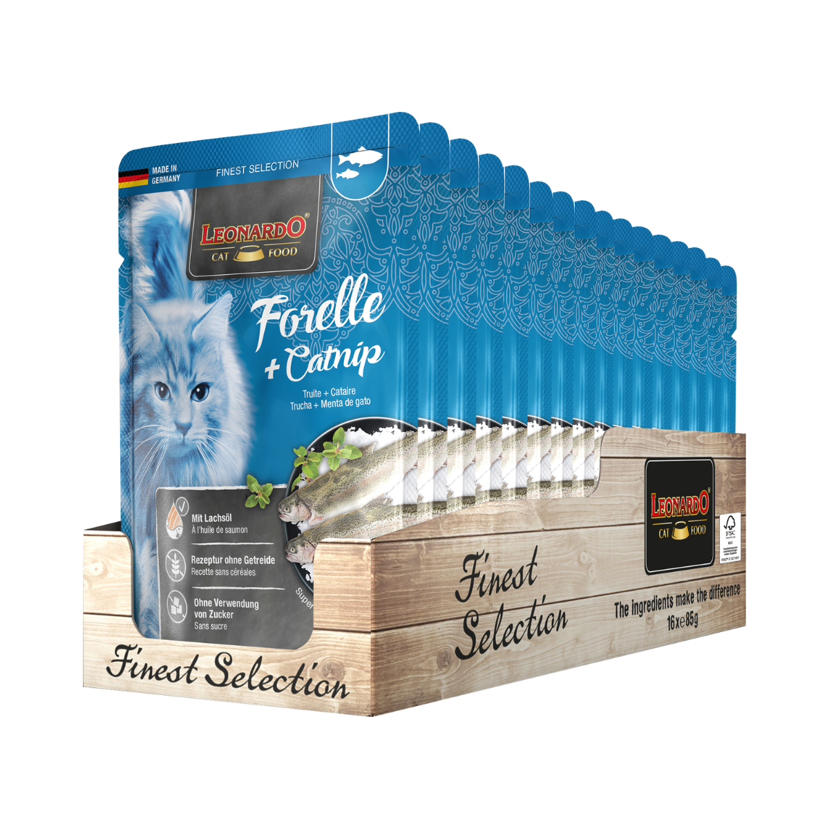 Leonardo Gato Finest Selection Trucha y Catnip Pouch 85 Grs. x 16 Uds.