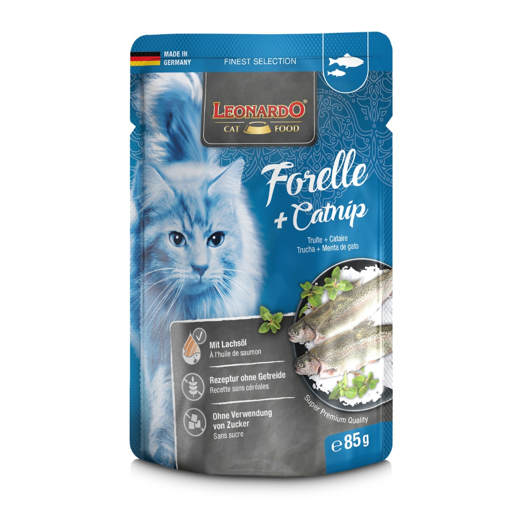 Leonardo gato Finest Selection trucha y catnip pouch 85 grs empaque vista frontal