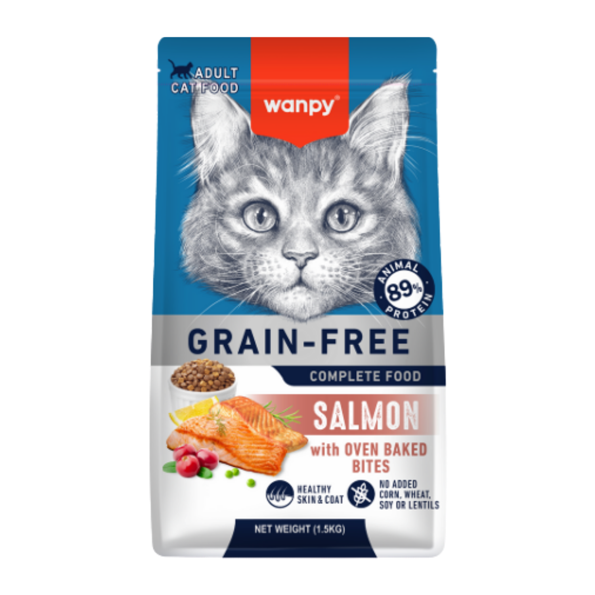 Wanpy Gato Adulto Sin Granos Salmón 8 kg alimento seco, vista frontal del empaque