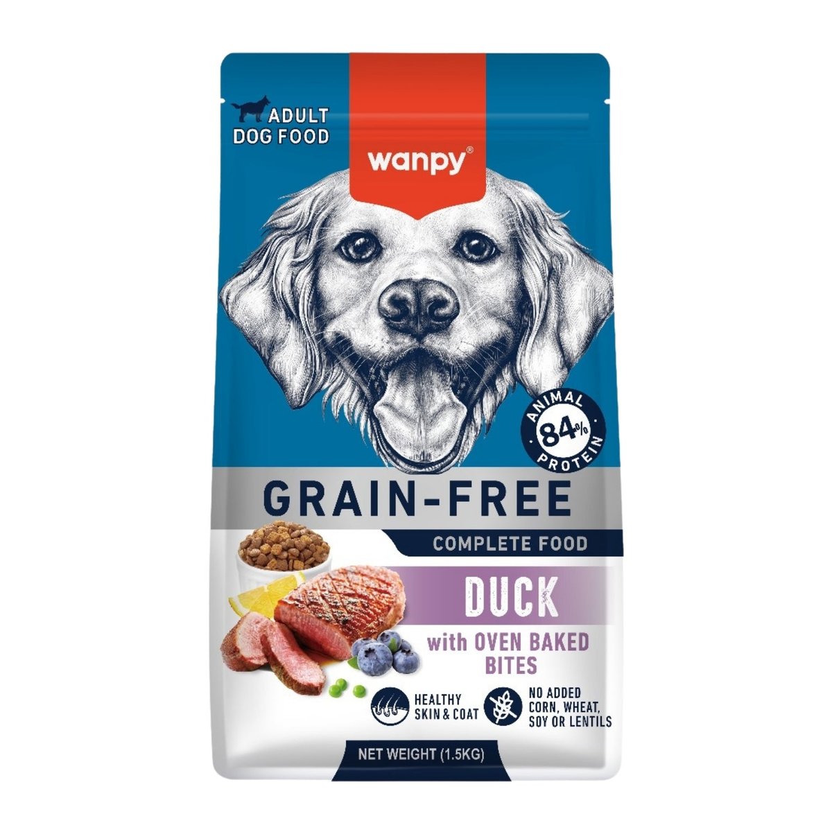 Wanpy Perro Adulto Sin Granos Pato 12 kg alimento seco, vista frontal del empaque