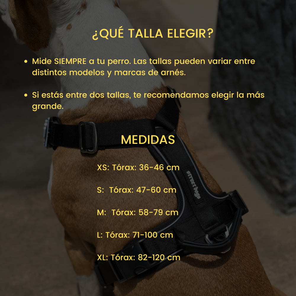 Tabla de medidas del Arnés Aerosport de Street Dogs: contorno de tórax por talla, de XS a XL